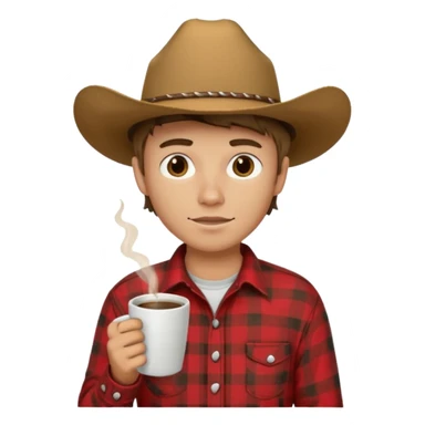 generate an ios genmoji of a 20 year old tan boy with a cowboy hat and side burns. Wearing a flannel and carrying a coffee mug sticker