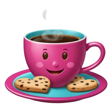 cup of coffee, steaming, the smoke should come out in the shape of a heart, the color of the cup is fuchsia, the cup has a happy face printed on it, the cup rests on a turquoise blue plate, and there are cookies and sugar cubes around the cup. sticker
