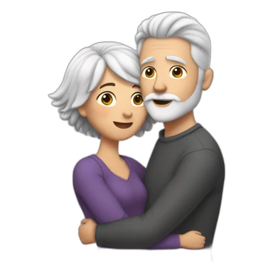 Man with gray hair and white beard hugs woman with dark brown hair with floating hearts sticker