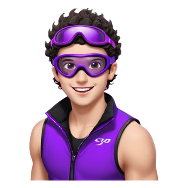close-up of cool guy male athlete with white skin and moderately curly dark brown hair on top with shaved sides, wearing ski goggles with purple frames and very dark black lenses, winking behind the goggles, with an open mouth confident smile like a cool guy, a simple plain black chain necklace, and a completely unzipped sleeveless vest with purple and black sequin fire pattern design with no logo sticker