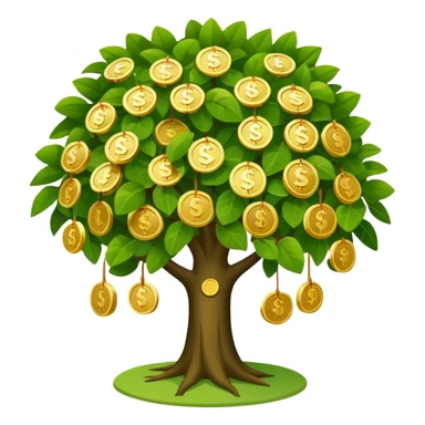 Apple-style money tree (not so mush coins), round soft green canopy.
No pot, no ground — only the tree.
Small gold coins as fruits inside the leaves (not below).
Flat 2D vector, clean shapes, no gradients.
Dark near-black background, premium fintech icon. sticker