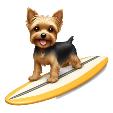 A Yorkie dog riding a surf board holding a dog bone sticker