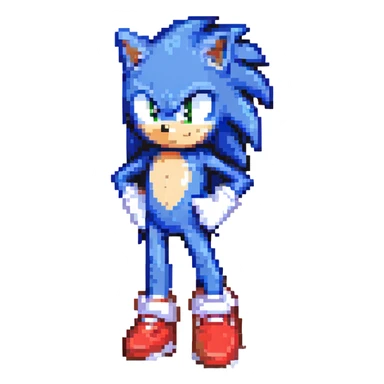 Sonic the Hedgehog in pixel art, standing on a green hill, blue fur, red and white shoes, white gloves, tan belly, palm trees and golden rings in the background, checkerboard terrain sticker