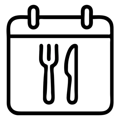 minimalistic bold black-and-white icon, square, flat, no gradients, modern calendar with a fork and knife side by side inside, clean geometric lines, inspired by Netflix and Lifesum, no background, vector style, suitable for dark and light mode sticker