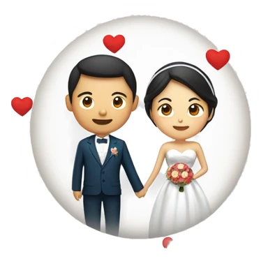 korean man and southeast asian woman side by side in wedding attire, they should be inside a globe. include a ring or heart above them to symbolise marriage. sticker