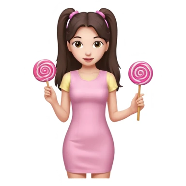 Girl with long dark ponytails wearing light pink bodycon dress holding a lollipop sticker