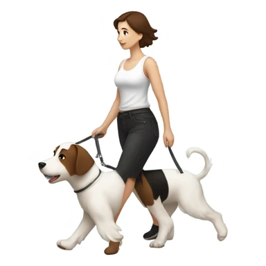 Woman with short brown hair in black tanktop walking one large white terrier sticker