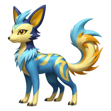 Feral Lightning-patterned Zig-zagged buzzy fuzzy Meloetta-Renamon-Zeraora-Luxray-Cobalion-Suicune-Vernid-fusion-hybrid-creature, full body  sticker