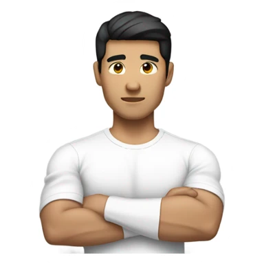 black-haired Asian man wearing a simple white shirt with folded sleeves while having a big biceps sticker