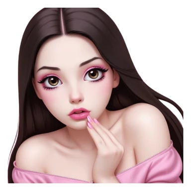 girl with white skin, dark brown long straight hair with middle part falling in front of her body, very big pouty extra shiny lips with absolutely no cupid's bow, big round shiny eyes with black eyeballs and huge eyelashes, lighter button nose, very long oval-shaped face, wearing a pink off-shoulder top, looking directly at camera with hands down at sides sticker