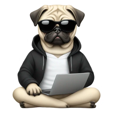 Pug wearing a black hoodie and using a laptop and wearing sunglasses sticker