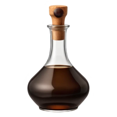 elegant glass bottle of balsamic vinegar, dark brown or ruby liquid, round or square base, slender neck, cork or metallic cap, dark glass with reflections, blank label optional, 3D clean style, transparent background sticker