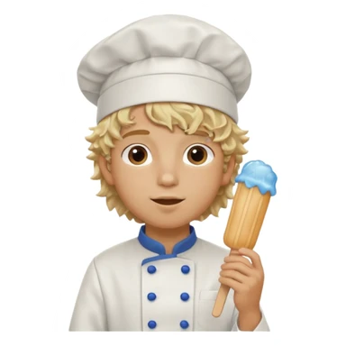 boy blonde curly hair, chef, eating blue ice pop sticker