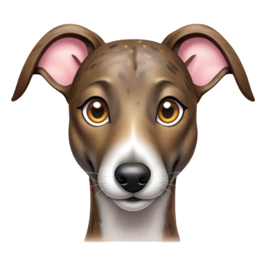 Cinematic Cute Brindle Greyhound Portrait Emoji, Head tilted playfully and inquisitively, featuring a sleek brindle Fur with subtle variations and round, sparkling eyes filled with curiosity, Simplified yet irresistibly adorable features, highly detailed, glowing with a warm, friendly glow, high shine, affectionate and nimble, stylized with a touch of whimsy, bright and endearing, soft glowing outline, capturing the essence of a mischievous yet loving companion, so playful it feels like it could sprint out of the screen and into your arms! sticker