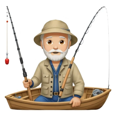 an old white haired, bearded man in fisherman attire, sat in a boat at sea, holding a fishing rod, with the end of the fishing line in the water sticker