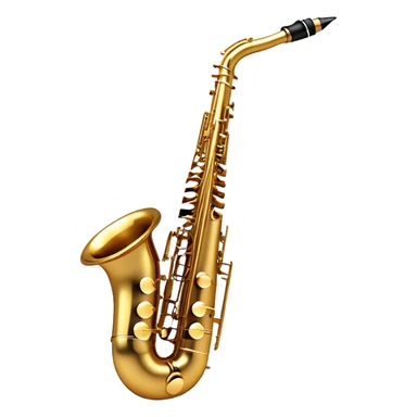 Create a sleek and sophisticated emoji representing a saxophone. The design should feature the shiny, golden body of the saxophone, with its smooth curves and metal keys clearly visible. Include subtle details like the mouthpiece with the reed and the bell at the end of the instrument. The keys should be delicately arranged, capturing the intricacy of the instrument. Use warm golden tones for the saxophone and add small musical notes floating around to evoke the smooth, soulful sound of the saxophone. The background should be transparent. sticker