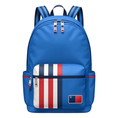 simple blue backpack, at the bottom pocket there is a  one tommyjeans logo featuring a Tommy Jeans-inspired logo. The logo looks like a vertically-flag in red, white. The flag stripes are vertical, not horizontal. Flat

 sticker