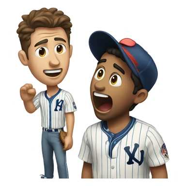 Man with brown hair wearing a hawaiian shirt yelling at a Latino baseball player wearing pinstripes  sticker