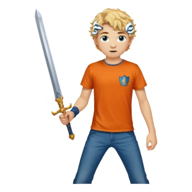 20 year old boy with curly blond hair and blue eyes with freckles wearing an orange no blue “Camp Halfblood” tshirt with the official percy jackson camp halfblood logo on it and blue jeans have him swinging a gold sword  sticker