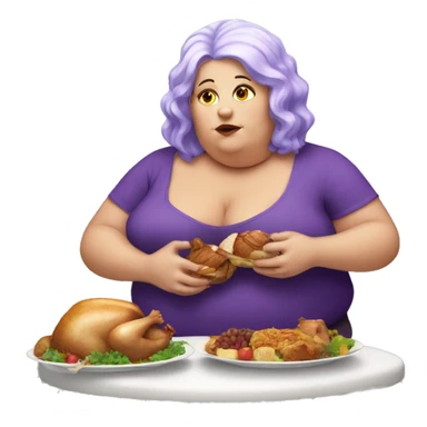 Fat white lady with purple hair sitting down eating turkey  sticker