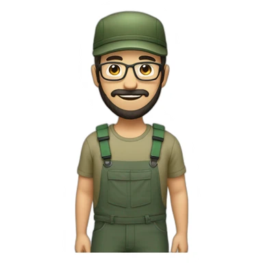 full body of an happy gardener face long dark beard and short dark hair with little transparent glasses and a army cap sticker