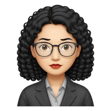 middle-aged Asian woman, long curly hair, small rectangular metal glasses, serious, manager style sticker