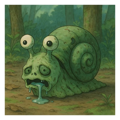 zombie snail, ghibli style, eerie but cute, greenish shell, drooling, big eyes sticker