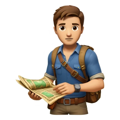 An icon representing an adventure game, inspired by titles like Uncharted 4. The design features a rugged explorer navigating through ancient ruins, with treasure maps and mysterious artifacts. A dynamic background of lush landscapes and perilous terrain highlights. Transparent background sticker
