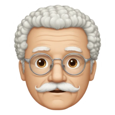 An elderly man emoji with light skin, fluffy curly white hair, thick white eyebrows, brown eyes behind black-framed glasses, a small nose, and neatly groomed white facial hair — a mustache and a short goatee. sticker