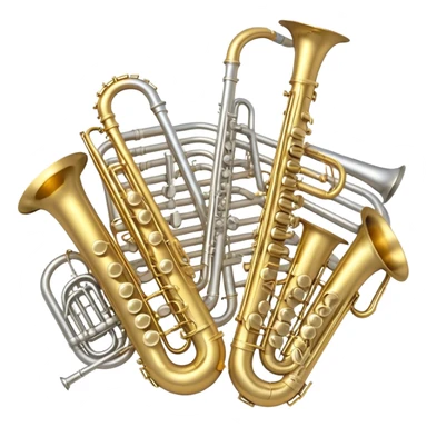 Create a professional, harmonious emoji collage symbolizing wind instruments.  The instruments should be in metallic gold, silver, and brass tones, with subtle reflections to convey a professional and polished appearance. Add soft musical notes or soundwaves to surround the instruments, creating a sense of movement and sound. The background should be transparent, ensuring all instruments are the focus and the composition remains harmonious and balanced. sticker