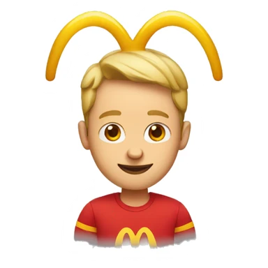 guy with big ears wearing red shirt with mcdonalds symbol sticker