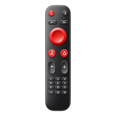 One black tv remote control with red border, frontal face in  2 dimensions. The remote control have to have 4 buttons in black and one big one in red and the play sign sticker