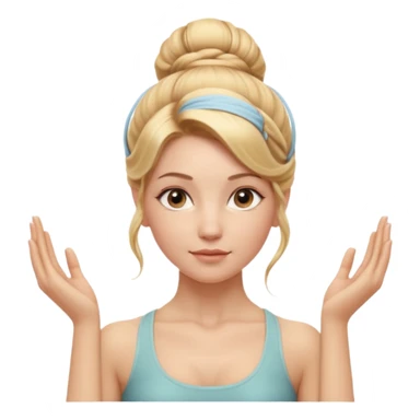 Cinematic Realistic yoga Portrait, depicted with lifelike skin texture, subtle rosy undertones, and soft natural lighting that enhances the gentle contours of her face. Her intricately detailed golden blonde hair is elegantly styled in an updo, sticker