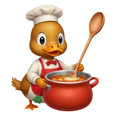 A duck wearing red apron stirring soup in a small pot, looking very focused. sticker