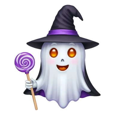 cute and spooky Halloween emoji — a ghost wearing a witch hat and holding a lollipop sticker