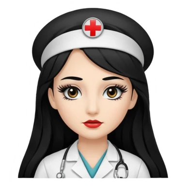 Nurse, long hair,black hair, black eyes, false eyelashes, makeup, eyeliner,  sticker