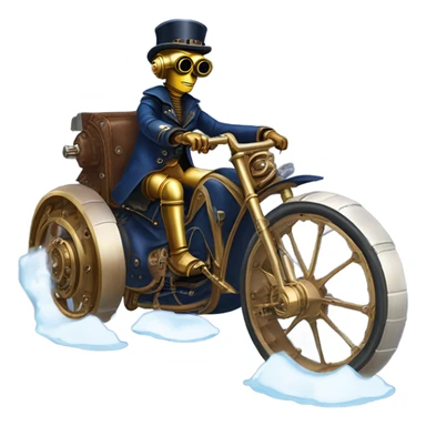 C-3PO wearing a pair of navy-blue rimmed steampunk goggles, hat, leather chaps, fringe jacket riding a fast 3 wheeler trike steampunk motorcycle on ice  sticker