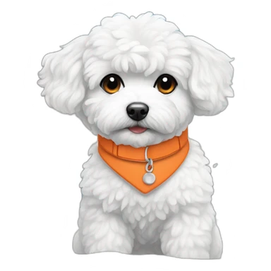 white maltipoo enjoying in the snow with orange collar sticker