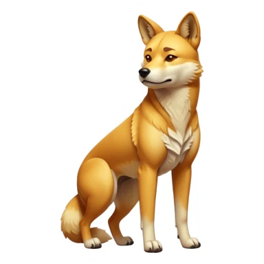 cinematic-dingo-realistic-full-body-standing-emoji,-lean-muscular-frame-poised-alertly,-golden-amber-fur-glowing-in-the-sun,-head-tilted-dramatically,-sharp-dark-eyes-filled-with-cunning,-simplified-yet-realistic-focused-features,-highly-detailed,-glowing-with-an-almost-sarcastic-glow sticker