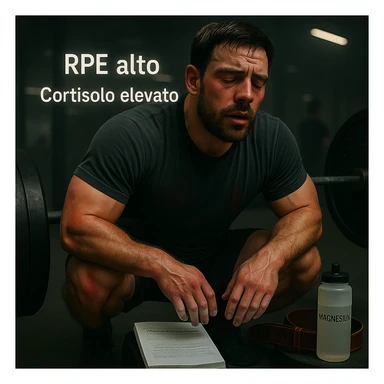 Replace the floating icons above the head with clear and readable Italian text: 'RPE alto' and 'Cortisolo elevato', maintaining the cinematic style and original color palette of the image. sticker