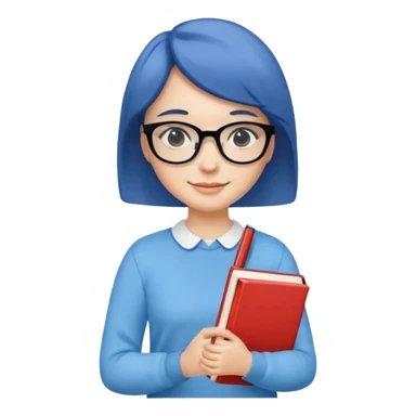 A smart and cute girl with short hair, wearing sky blue clothes,
I hold a book in one arm. There is a pen in the book.
He is wearing black-rimmed glasses and smiling brightly. sticker