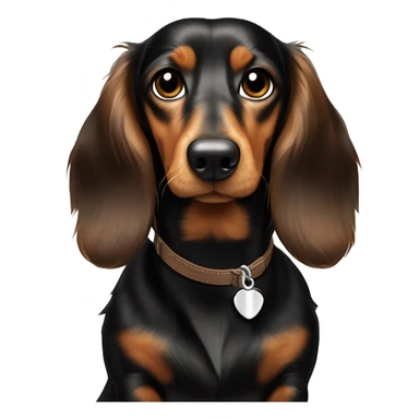 Black and Brown medium long hairs dachshund with a bone collar that says “Benny” sticker