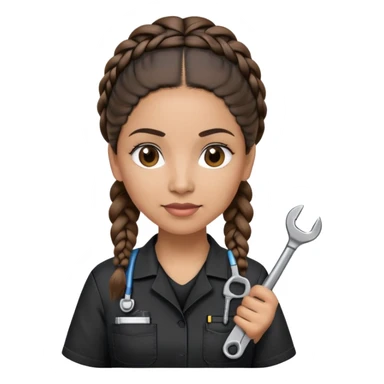 A 40-year-old Latina woman with light brown skin, working as a car mechanic, wearing all black mechanic scrubs, with two braids pulled back from her head sticker