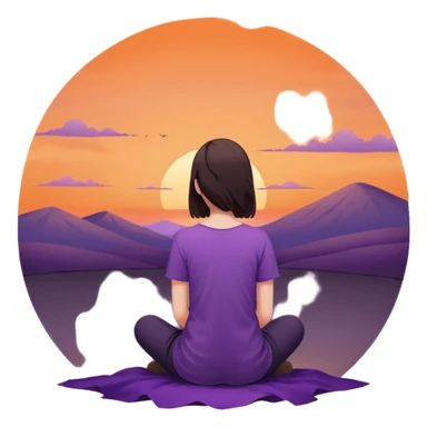 Small emoji-style illustration of a person sitting alone on the ground, seen from the back, watching the sunset. Minimal details, soft orange and purple sky, simple silhouette, calm and slightly sad mood, clean background.” sticker