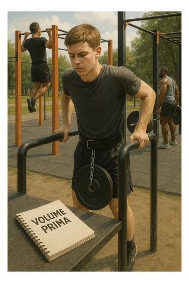 Atleta neofita giovane in un parco attrezzato per streetlifting, fisico ancora in fase iniziale. È intento a eseguire molte ripetizioni di esercizi a corpo libero con pesi leggeri (zavorra moderata), come trazioni e dip su parallele. Accanto a lui un taccuino di allenamento con la scritta 'Volume Prima'. L’atmosfera è luminosa e motivante, con altri atleti più muscolosi che sollevano carichi pesanti, ma lui è concentrato sul gesto tecnico e sulla costanza. Stile realistico, colori naturali, messaggio educativo su priorità all’adattamento progressivo e al volume. sticker