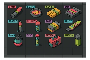 a virtual display, a gray grid with darker gray cells, each cell containing an item viewed in isometric minimalism render The cells have pastel neon colored labels in their upper corner, indicating various traits of the items. retrofuturism, circa 2880's.
The items are scientific and military in nature - varieties of munitions, scientific samples, rations, data storage, utilities. There are two arrays of grids, one left, one right. Each array has a few empty spaces at the bottom. "graphic realism." brutalism. the items are adorned in a combination of  bright colors, neon-safety, early 90's pallet, with muted gray tones in EVEN BALANCE. sticker