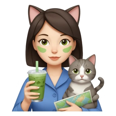 a brunette woman in here 30S drinking an iced matcha, carrying a grey cat and a map of the world sticker
