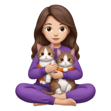 a girl with long wavy brown hair and soft brown eyes, in cozy purple clothes, sitting cross-legged, holding a tricolor cat (brown, white, and grey) in her lap, iOS emoji style, soft lighting sticker