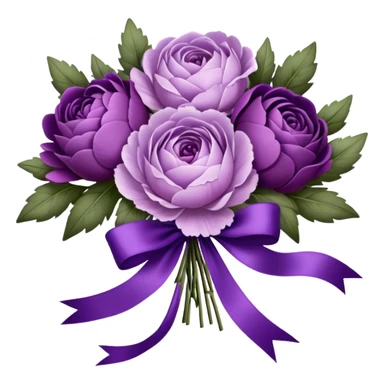 A vintage bouquet of lavender-hued peonies, deep violet roses, and soft lilac pansies, tied together with a silk ribbon in shades of plum and amethyst, rests beneath the glow of a crescent moon. Scattered around are tiny embroidered hearts on a delicate lace handkerchief, while the scent of dried lavender lingers in the cool evening air. sticker