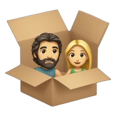 Dark hair girl and blond bearded guy in moving box sticker